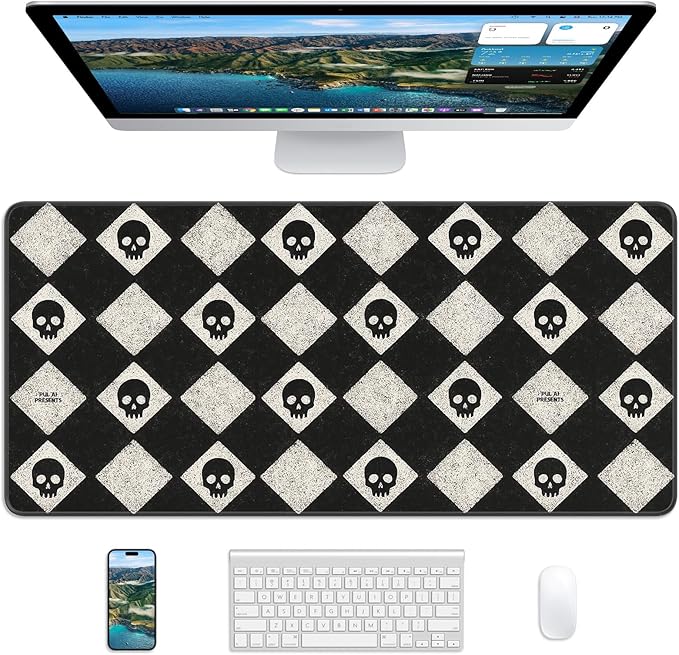 XL Gaming Mouse Pad, 31.5x15.7'' Large Desk Mat with Anti-Slip Rubber Base & Stitched Edges for Gaming, Office, Home - Cute Skulls