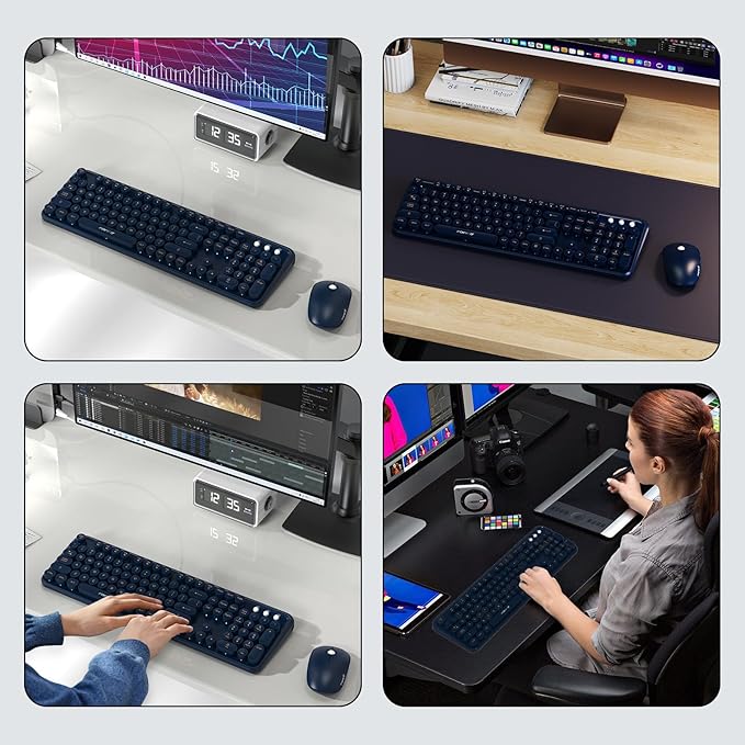 FOPETT Wireless Keyboard and Mouse Combo, 104 Keys Full-Sized 2.4 GHz Round Keycap Colorful Keyboards, USB Receiver Plug and Play, for Windows, Mac, PC, Laptop, Desktop (DarkBlue)