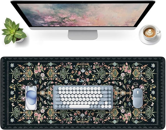 HAOCOO Elegant Floral Desk Mat, Vintage Aesthetic Mouse Pad Black, Flower Plant Extended Desk Cover Mat, 35.4" x 15.7" Non-Slip Computer Pad, Waterproof Desktop Protector for Office, Home, School