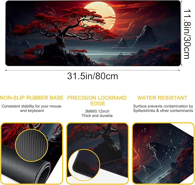 Desk Pad Darkness Red Moon Desk Mat for Keyboard and Mouse, Large Mousepad with Stitched Edges for Work Game Office, 31.5 x 11.8 in