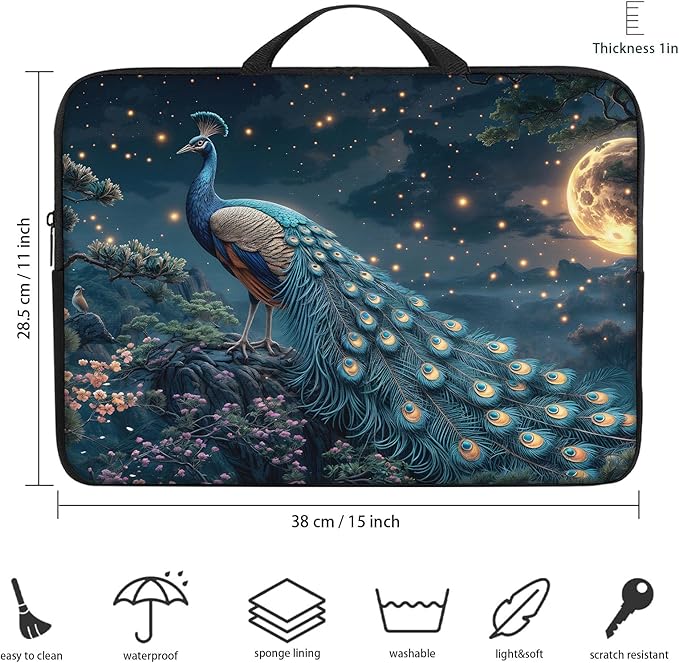 Laptop Sleeve Bag with Handle Computer Protective Soft Cover Case for 14 Inch 13 Inch Laptop,Peacock Moon