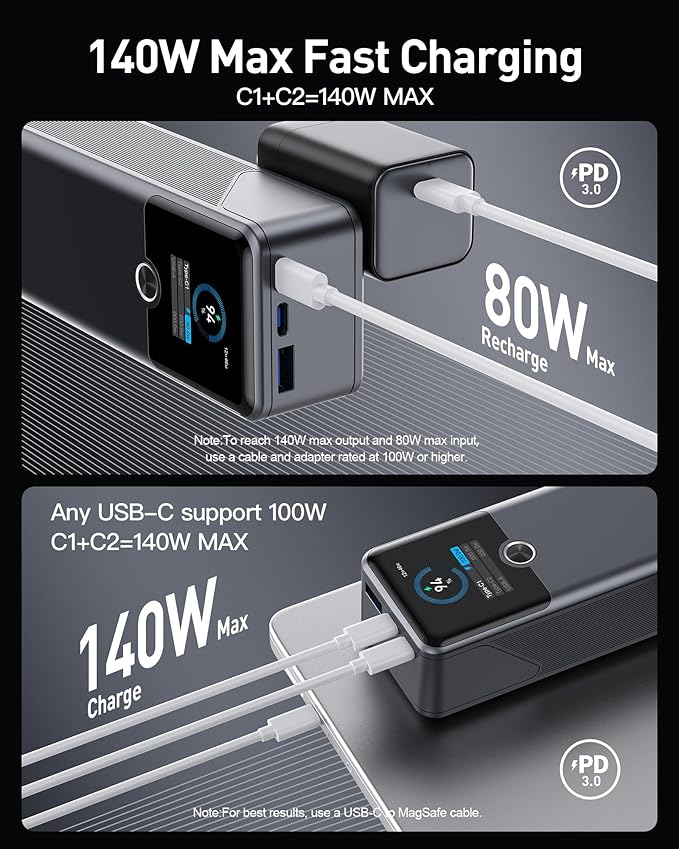 Laptop Power Bank, 3-Port 20,000mAh Portable Charger with 200W Max Output, PD 3.1 Fast Charging, Flight-Approved for Travel, PowerTower, for MacBook, iPhone 17/16 Series, and More (Blue)