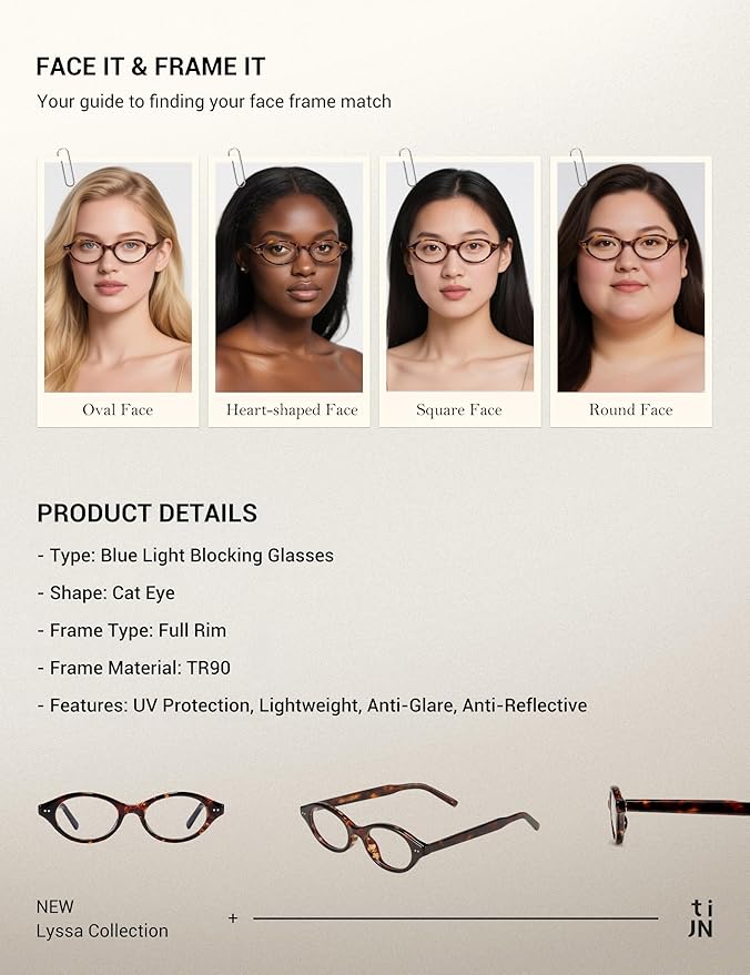 TIJN Blue Light Blocking Glasses Women Men Retro Cat Eye Square Oval Anti Glare Screen Computer Gaming Daily Eyeglasses TR90