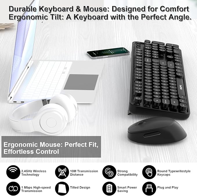 Wireless Keyboard and Mouse, COOFUN Cute Colorful 104 Keys Full Size Typewriter Keyboards Retro Cordless Key Board Ergonomic Keyboards and Mouse Wireless for Windows, PC, Laptop, Desktop (Black)