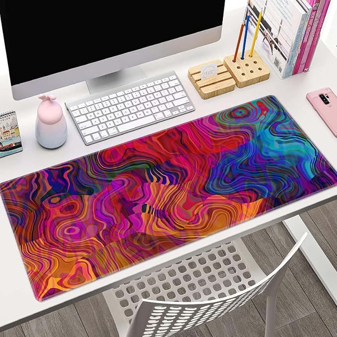 Art Abstract Colorful Chaotic Waves Pattern Mouse Pad (31.5 × 11.8 × 0.12 inch) Extended Large Mouse Mat Desk Pad, Stitched Edges Mousepad,Non-Slip Rubber Base,Gaming Mouse Pad XL
