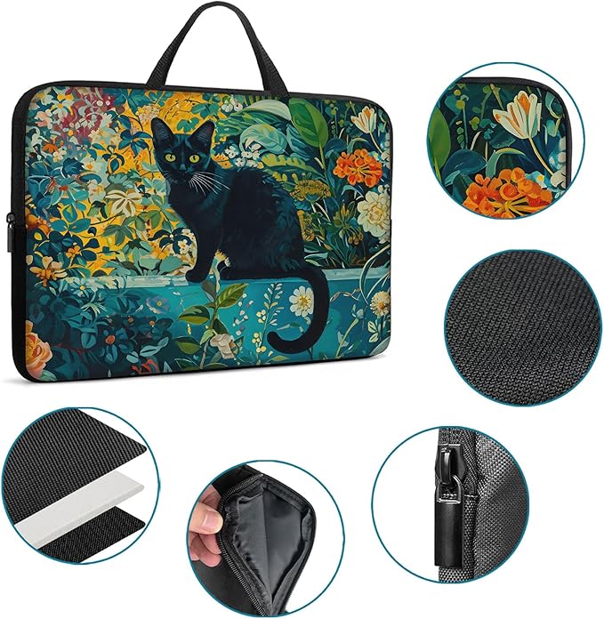 Laptop Sleeve Bag with Handle Computer Protective Soft Cover Case for 14 Inch 13 Inch Laptop,Black Cat Flowers