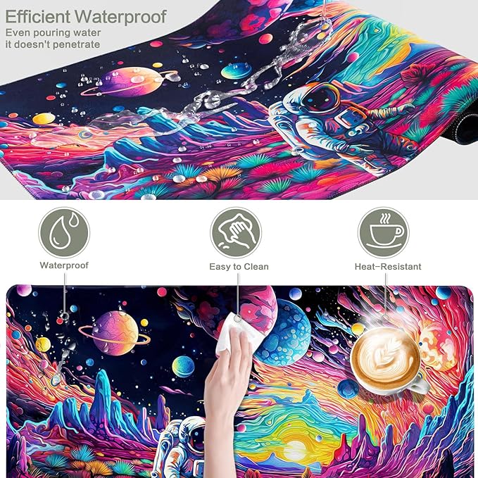 Cyberpunk Astronaut Mouse Pad Desk Mat Fantasy Planet Space Large Gaming Mouse Pad Anime Desk Pad Mousepad XXXL Extended Keyboard Mat Futuristic Cosmic Adventure Mouse Mat, Waterproof, 35.4 x 15.7 in