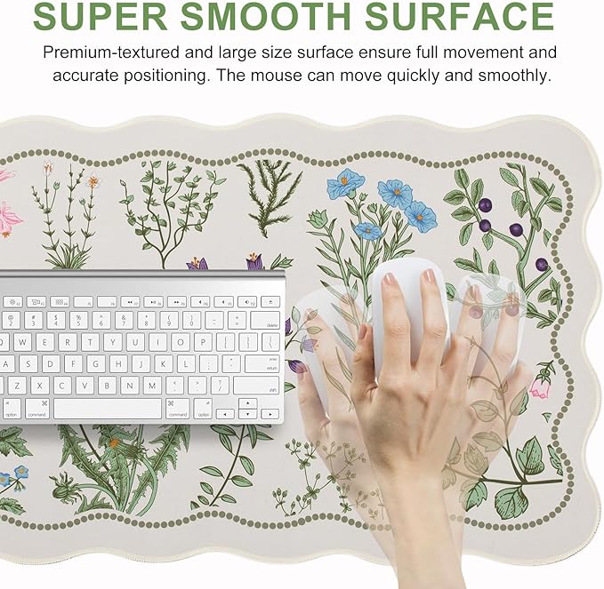 L-SPOUTTO Floral Mouse Pad,Botanical Desk Mat XXL Large Scalloped Gaming Mousepad,35.4x15.7in Non-Slip Keyboard Pad Waterproof Desktop Mat for Laptop Computer Work Game Home Office-Flowers Plants