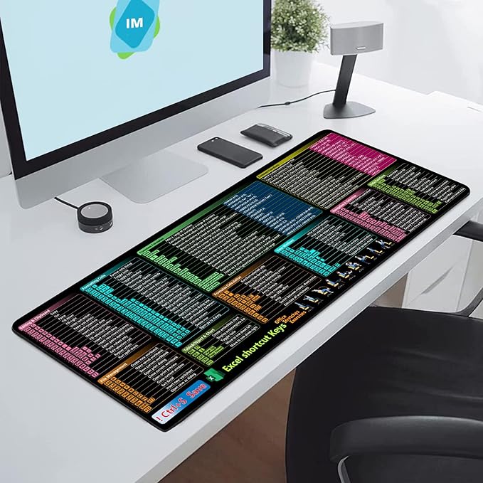 Excel Cheat Sheet Desk Pad, XL Large Gaming Mouse Pad, Waterproof Computer Keyboard Mats with Stitched Edges, Non-Slip Rubber Base Laptop Mat for Excel Shortcuts Mousepad Home & Office 31.5" x 11.8"