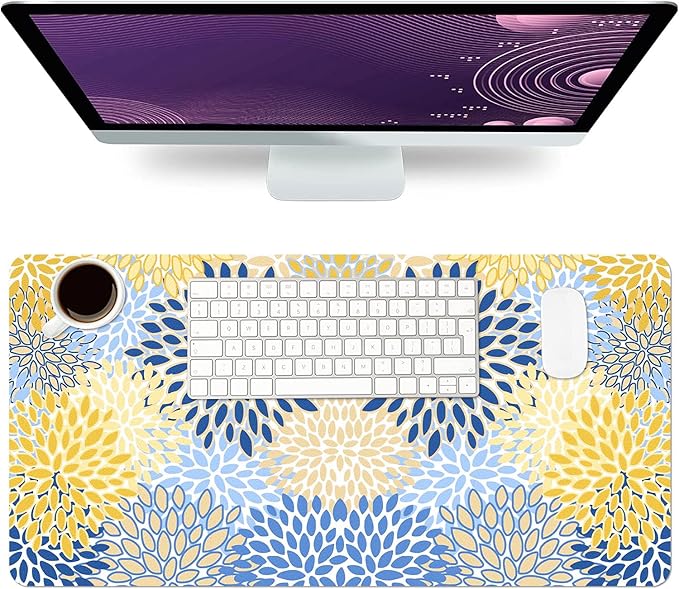 Desk Mat Large Protector Pad 23.6" ×11.8", Non-Slip PU Leather Desk Blotter, Waterproof Mouse Pad for Office Home Chic Flower