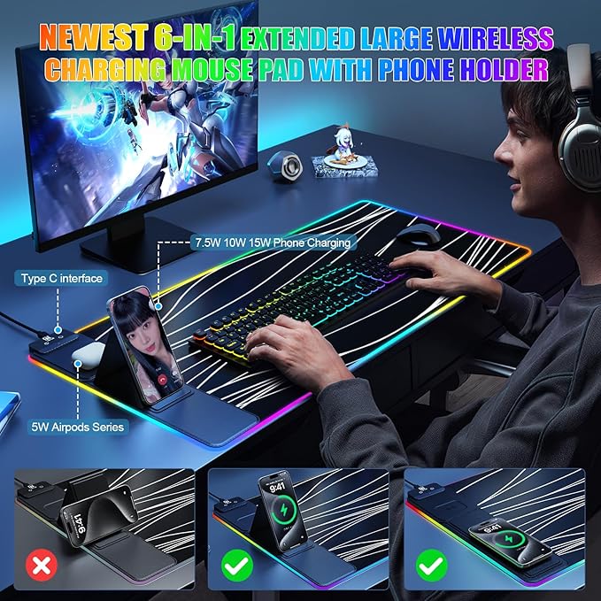 Mouse Pad with Foldable Phone Holder, Wireless Charging Desk Mat, RGB Gaming Mousepad Large Desk Pad with Non-Slip Base, Waterproof Keyboard Pad, Classic Black (XXL Stand Wavy)
