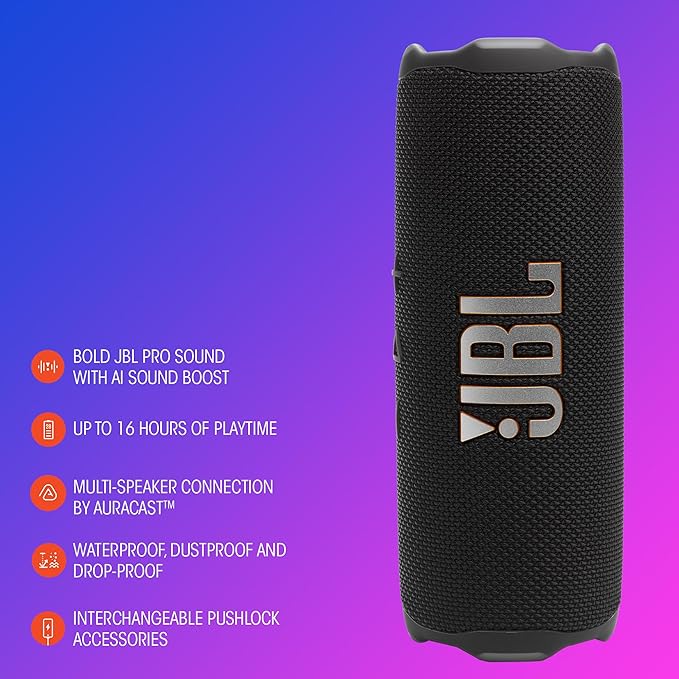 JBL Flip 7 - Portable Waterproof and Drop-Proof Speaker, Bold JBL Pro Sound with AI Sound Boost, 16Hrs of Playtime, and PushLock System with Interchangeable Accessories (Black/Orange)