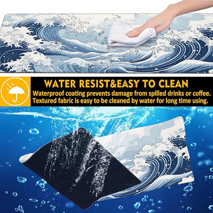 Mountain Gaming Mouse Pad,Japanese Blue and White Sea Wave Desk Mat,31.5""X15.7"" Large Desk Pad with Stitched Edge Non-Slip Base Keyboard Big Mouse Pad for Office Home Work Gaming, WDQ-D05