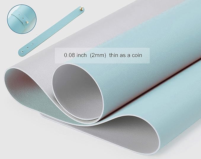 Dual Sided PU Leather Desk Pad, Mouse Pad, Office Desk Mat, Non-Slip Laptop Desk Pad, Waterproof Desk Writing Pad for Office and Home (23.6" x 11.8", Light Blue+Sliver)
