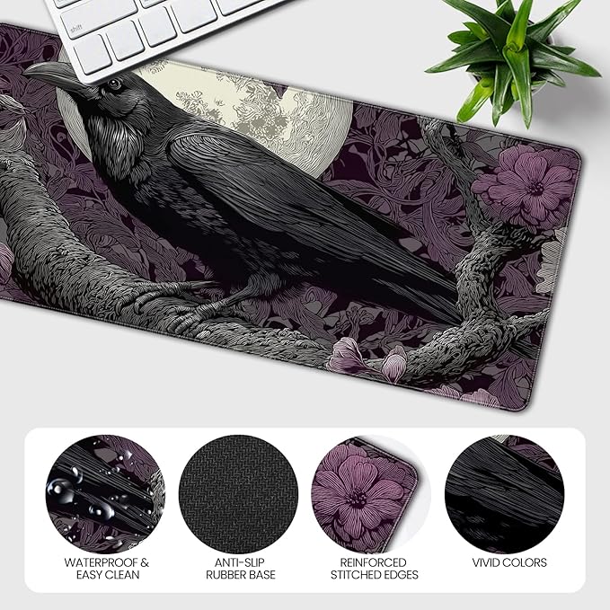 XXL Gaming Mouse Pad, Gothic Raven Moon Design with Purple Floral, 35.4 x 15.7 Inches, Non-Slip Rubber Base, Waterproof Surface，A Keyboard and Mouse Accessory Suitable for Home Gaming and Work.