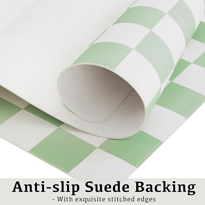 Checkered Desk Mat, Large Cute Aesthetic Retro PU Leather Computer Laptop Desk Mat, Non-Slip Waterproof Mouse Keyboard Pad, Desk Writing Mat for Work/Home (Green, 23.6" x 13.7")