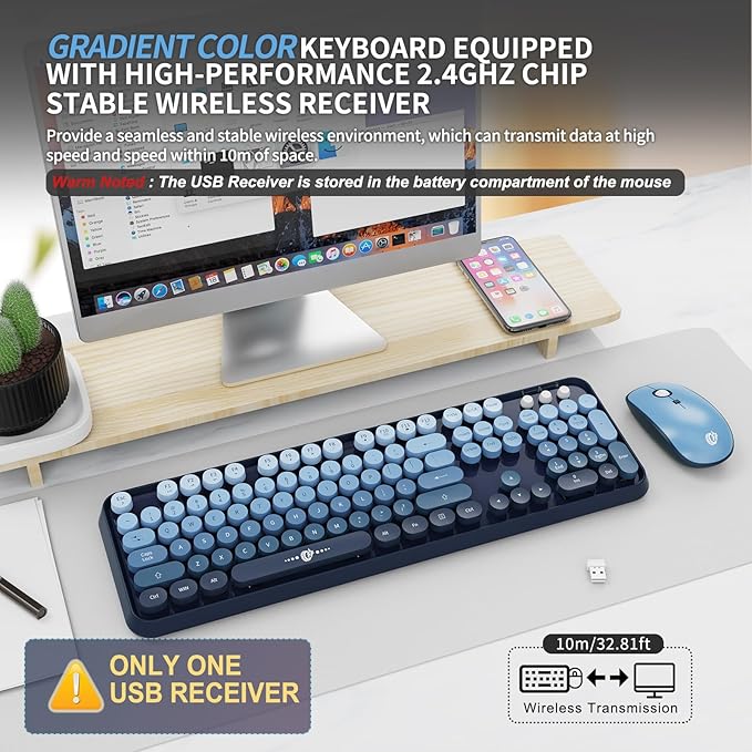 FOPETT Wireless Keyboard and Mouse Combo - 2.4G Full-Sized Cute Colorful Mouse and Keyboard with 104 Round Keys Retro Typewriter Keyboard for Laptop/Windows/PC - Blue Gradient