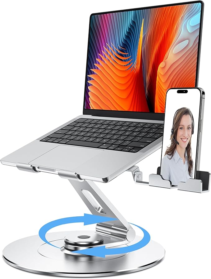 LOXP Laptop Stand with Phone Holder, Adjustable Laptop Stand, Aluminum Computer Mount Holder, Ergonomics Laptop Riser for Desk, Lectern Stand Fits MacBook, up to 17.3" All Notebooks Silver