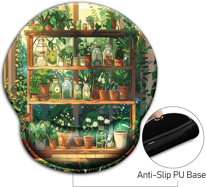 Mouse Pad with Wrist Rest, Ergonomic Mouse Pads Wrist Support for Desk, Green Potted Plant Gaming Mousepad for Wireless Mouse Laptop Computer Work Home Desk Accessories Office Supplies Desktop Decor