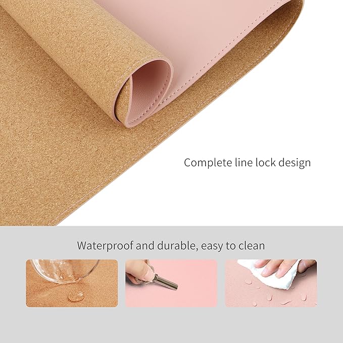 RENMTURE Dual-Sided Mouse Pad, Natural Cork & PU Leather Large Desk Pad for Office and Home Work, Desk Protector Non-Slip, Waterproof, Easy Clean (Pink, 32"x16")