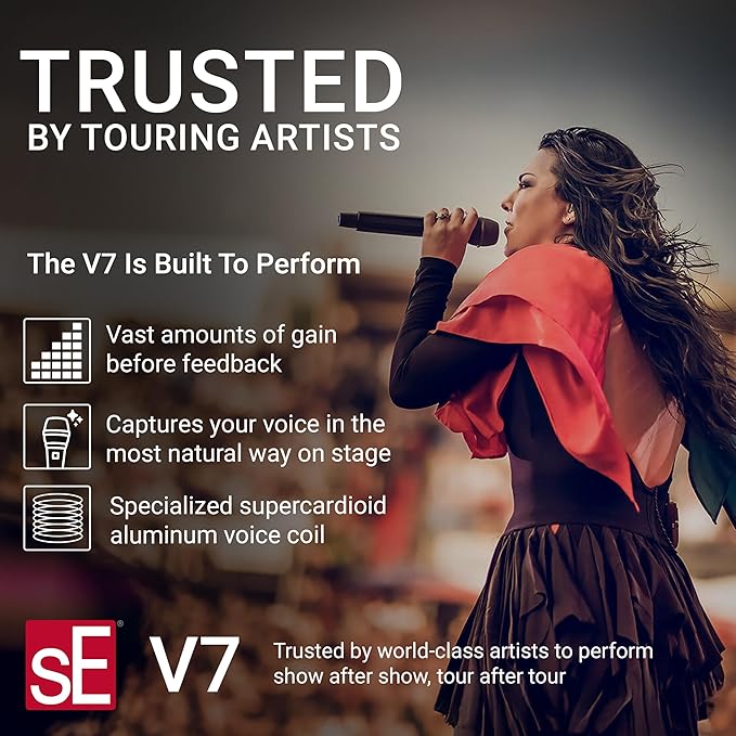 SE ELECTRONICS V7 Dynamic Microphone for Singing, Speech & Studio Recording - XLR Handheld Professional Microphone with Supercardioid Aluminum Voice Coil for Huge Gain Before Feedback - Chrome