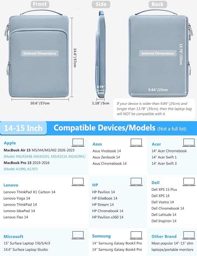 HYZUO 14-15 Inch Laptop Bag Sleeve for MacBook Air 15 M5 A3448 M4 M3 M2 2026-2023, MacBook Pro 15, XPS 14/15 Plus, 15" Surface Laptop, Notebook Case for 14" Dell HP Lenovo Asus Acer, Pale Blue
