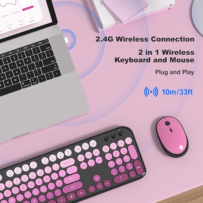 Wireless Keyboard Mouse Combo - Lovely Blackpink-Gradient Rainbow Full-Sized Typewriter Colorful Keyboards, Round Keycap Plug Play Retro Cute Keyboards for Windows, Laptop, PC, Desktop, Computer