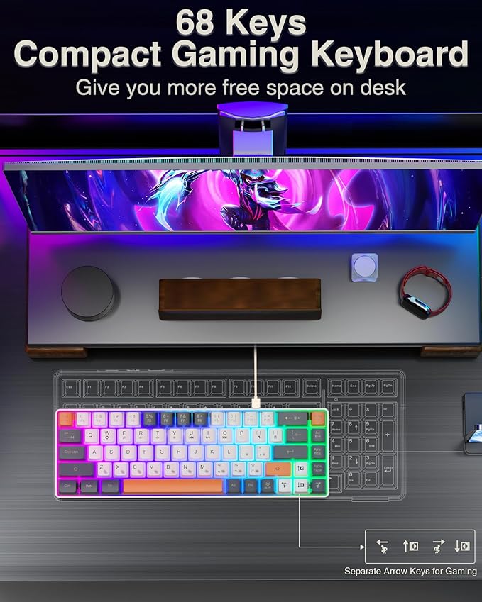 60 Percent Keyboard,RGB Backlit Gaming Keyboard USB-C Wired,Portable 68 Keys Compact Mini Keyboards for Business Trips,Office,PC Games (SK968,Grey&Orange)
