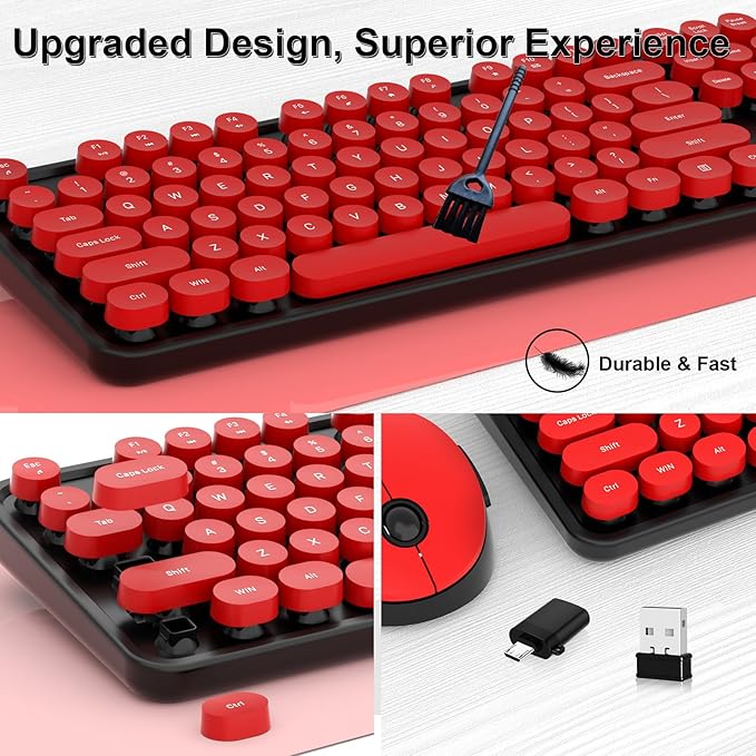 Wireless Keyboard and Mouse, COOFUN Retro Typewriter Keyboard with Round Keycaps, Full-Size Ergonomic, Ideal for Windows PC, Home, Office, and College Black and Red