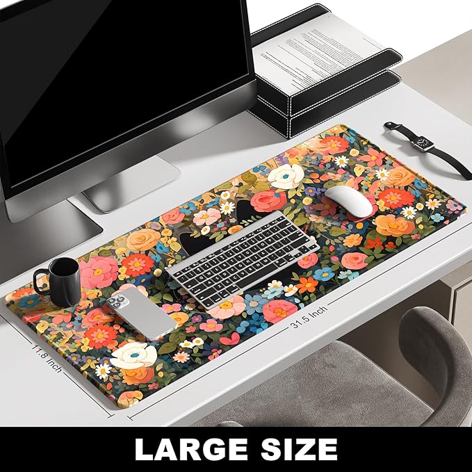 BOSOBO XXL Gaming Desk Mat, Extended Mouse & Keyboard Mat, Anime Cat Pink Flower Bush - 31.5 x 11.8 Inches