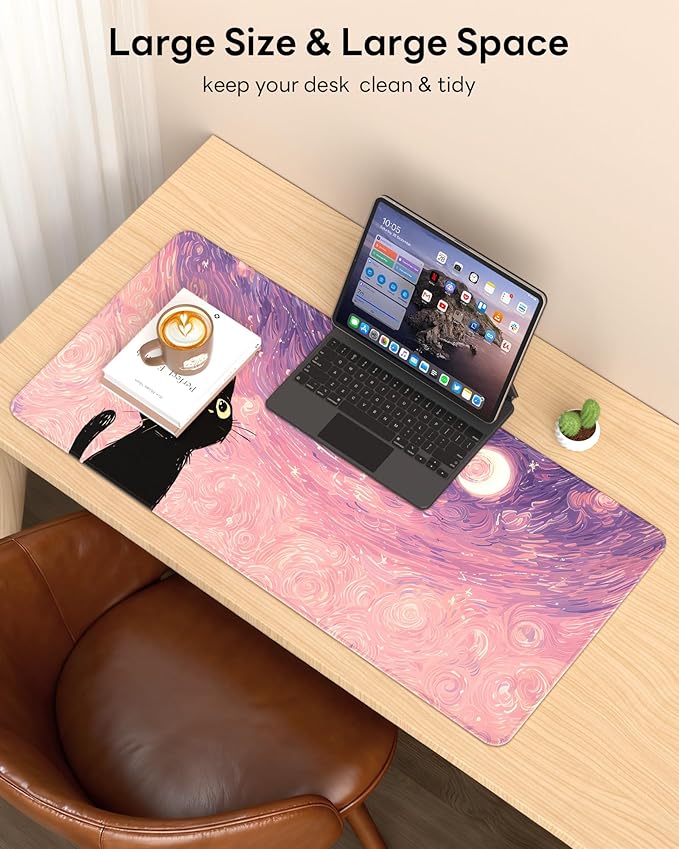 XL Gaming Mouse Pad, 31.5x15.7'' Large Desk Mat with Anti-Slip Rubber Base & Stitched Edges for Gaming, Office, Home - Van Gogh Cat