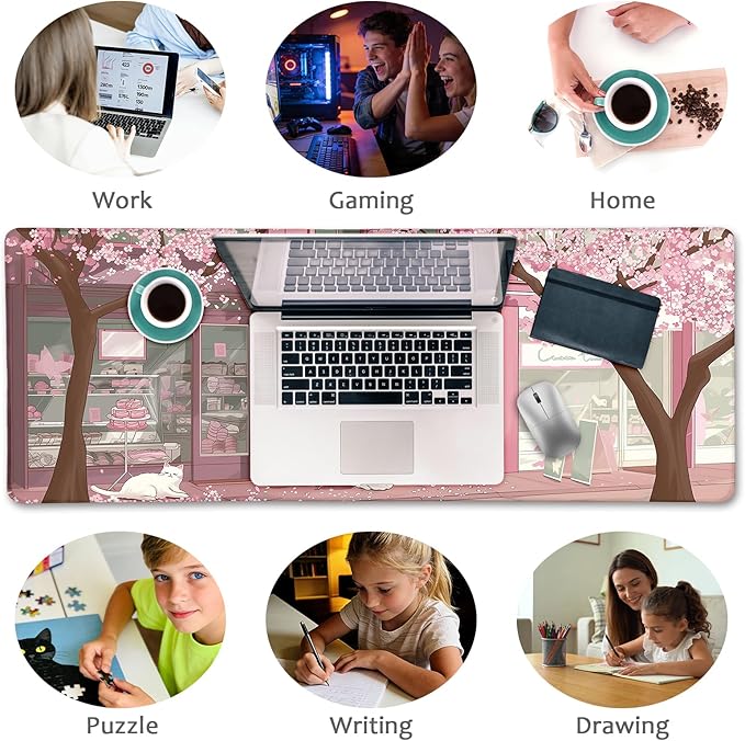 Cat Mouse Pad Large Desk Mat, Pink Cherry Blossom Computer Mousepad with Stitched Edges Non-Slip, Keyboard Mouse Pad for Desktop Cute Office Desk Accessories Japanese Dessert House 31.5in