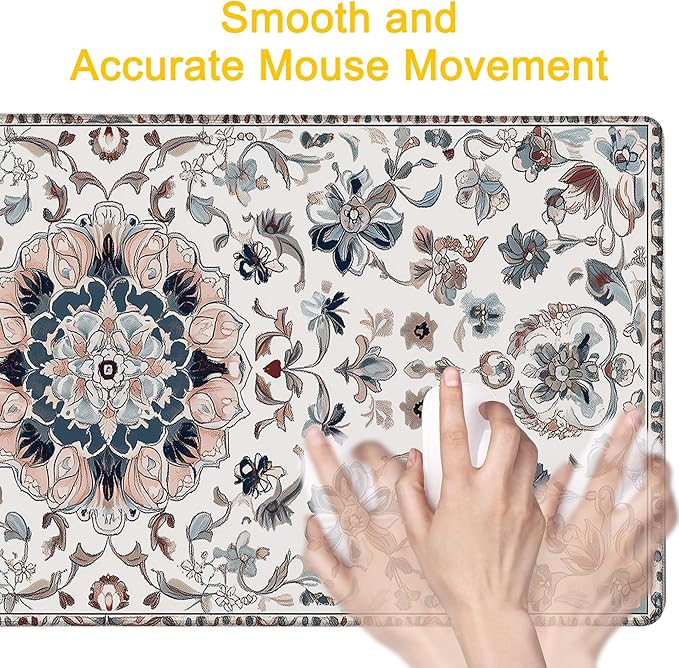 Desk Pad Gray Boho Floral Desk Mat for Keyboard and Mouse, Large XXL Gaming Mouse Pad with Stitched Edges for Work Game Office, 35.43 x 15.75 in