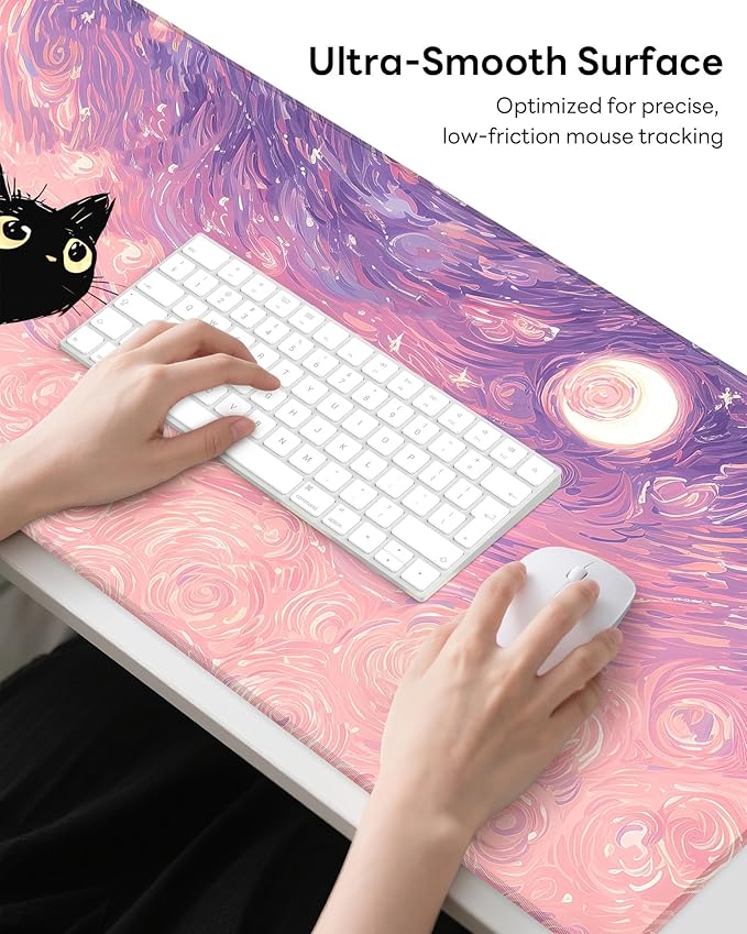 XL Gaming Mouse Pad, 31.5x15.7'' Large Desk Mat with Anti-Slip Rubber Base & Stitched Edges for Gaming, Office, Home - Van Gogh Cat