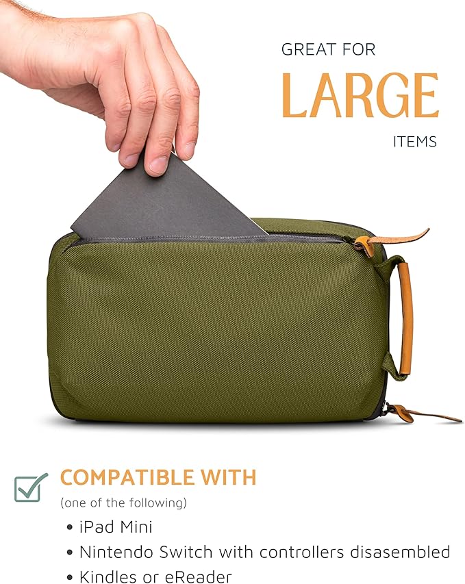 Tech Bag Organizer - Small Electronics Organizer Pouch for Travel - Premium Travel Case with Leather Accents - Mesh Pocket for Cables, Cords and Chargers (Green)