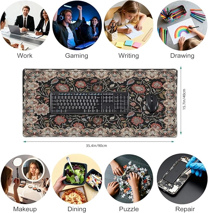 Floral XXL Large Desk Pad Mat - Anti-Slip Stitched Edges Mouse Pad for Women, Office & Home, Extra Big Computer Keyboard Mat for Desktop, Cute Aesthetic Office Supplies & Desk Decor