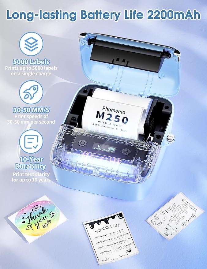 Phomemo M250 Label Maker, 3" Thermal Barcode & Address Printer - Portable Label Maker for School, Business, Home & Logos, Sticker Printer Compatible with Phones & PCs, with 100 Labels, 40x30mm