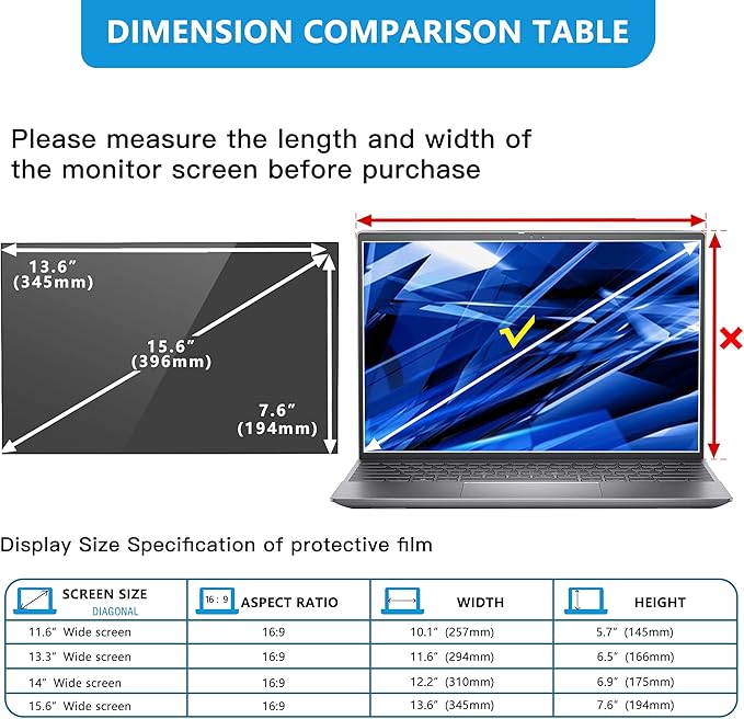 FILMEXT Laptop Privacy Screen 15.6 inch Privacy Screen Filter for Laptop 15.6" Asus/15.6" Acer/15.6HP/Dell/Toshiba 16:9, Anti-Spy,Anti-Glare Anti Blue Light-with Matte/Glossy surface