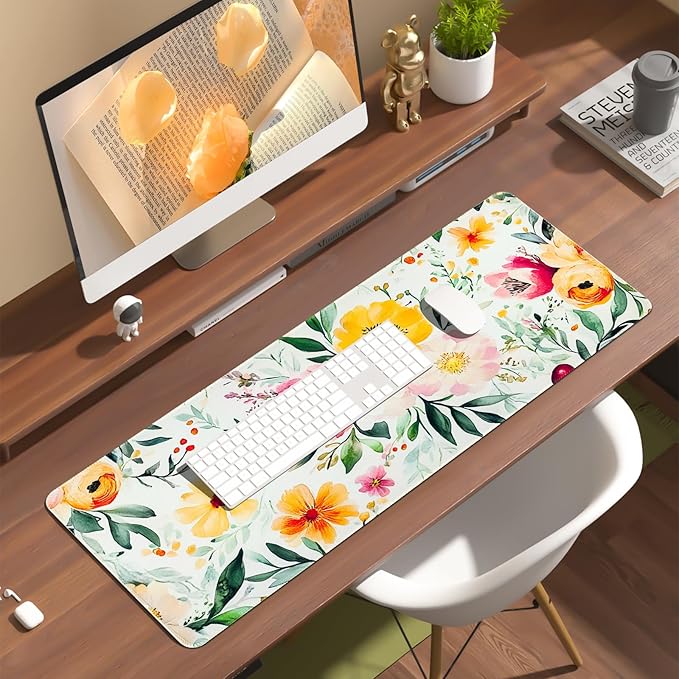 Spring Floral Desk Mat,Cute Large Mouse Pad for Desk, Flower Computer Mousepad with Non-Slip Rubber Base,Girly Keyboard Mouse Pad for Work, Game, Office, Home,31.5 x 11.8 Inch
