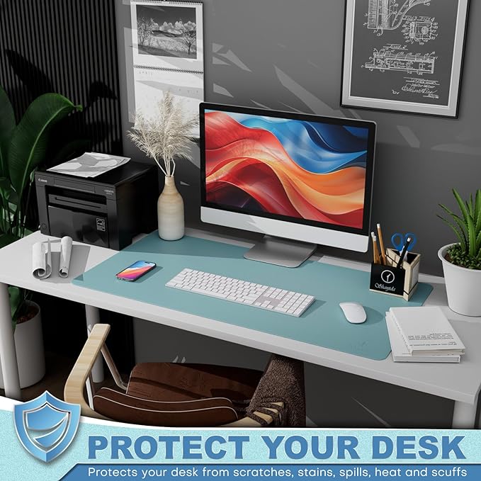 K KNODEL Leather Desk Pad Protector, Office Desk Mat, Large PVC Leather Desk Blotter, Non-Slip Mouse Pad (Sky Blue, 15.7" x 31.5")