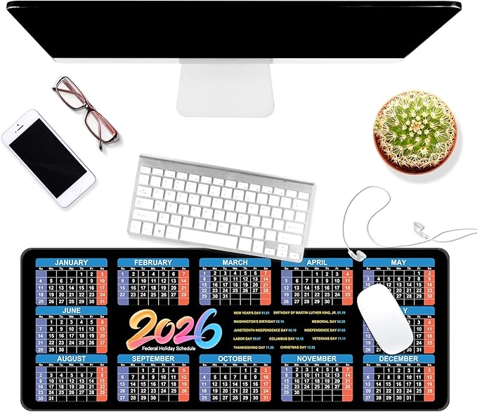 Dynippy Thin Extended Gaming Mouse Pad （31.5 * 11.8 * 0.08 inch） with Stitched Edges Large Mousepad Long XXL Keyboard and Mouse pad Desk Mat for Gaming Office & Home - 2026 Calendar Holiday Schedule