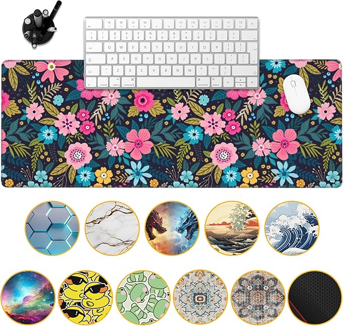 Beautiful Flowers Desk Pad, Colorful Modern Floral Gaming Mouse Pad Mat, 31.5"X15.7" Extended Gaming Mouse Pad with Stitched Edge Non-Slip Base for Office, Keyboard, Laptop