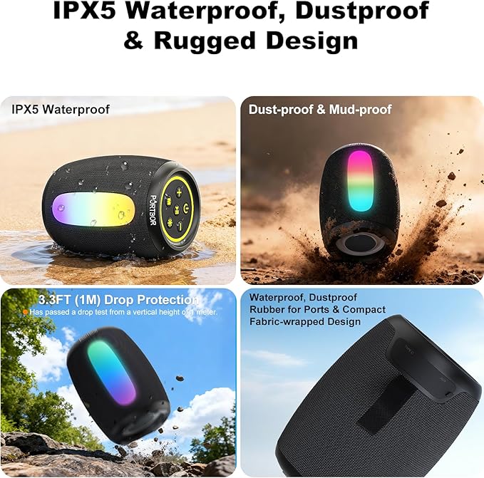 Portable Bluetooth Speaker, 2026 Powerful Stereo Loud Sound Wireless Speaker, 8 LED Modes, IPX5 Waterproof, Up to 36H Playtime, BT 5.3 with AUX, TWS Pairing, for Outdoor/Home/Party/Beach, Ideal Gifts