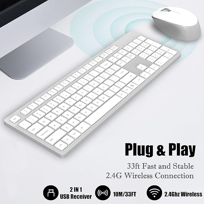 LeadsaiL K786 Wireless Keyboard and Mouse Combo, 2.4GHz Lag-Free Wireless, Full Size Ergonomic Keyboard Silent Mouse for Windows Mac PC Laptop, 12 FN Shortcuts, Long Battery Life - White and Grey