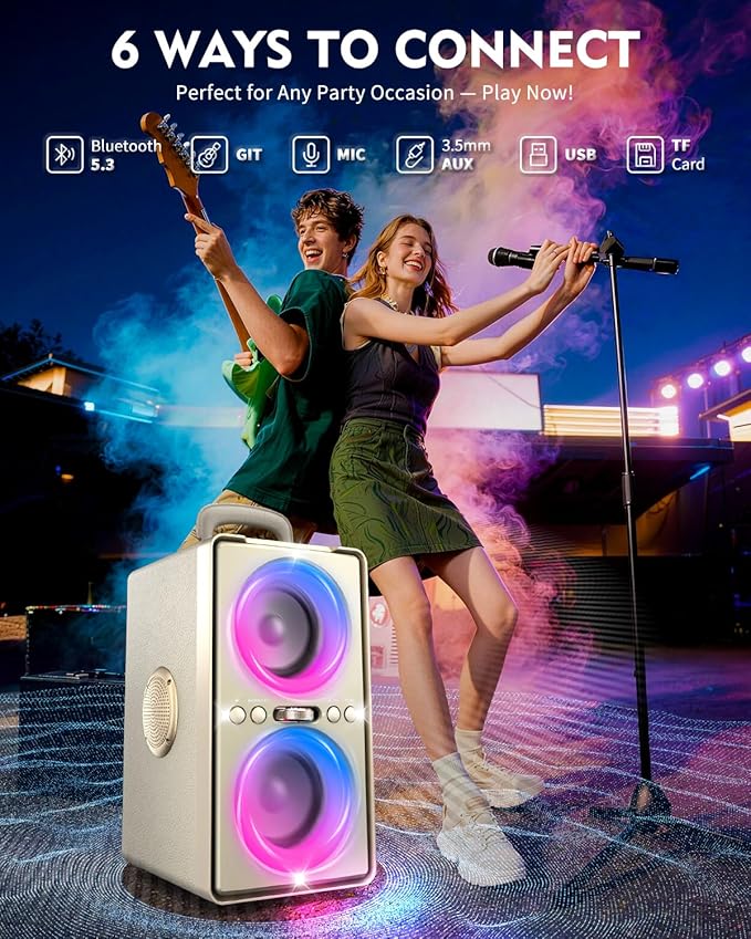 Bluetooth Speaker, 240W Peak Loud Party Speaker with Big Bass, 20H Playtime, TWS, BT5.3, Large Portable Wireless Boom Box with LED Light for Outdoor Backyard Beach Home (Leather White)