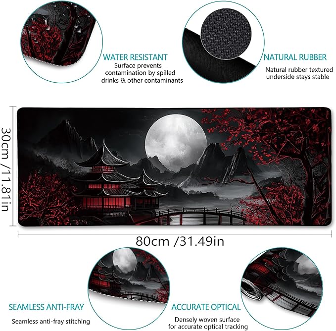 Japanese Mouse Pad Large Gaming Desk Mat, Extended Computer Mousepad with Stitched Edges Non-Slip, XL Keyboard Mouse Pad, Aesthetics Full Moon Home Decor Office Desk Accessories 31.5in