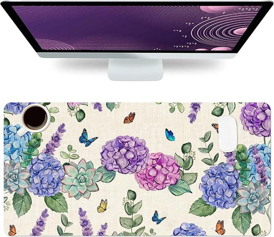Large Mouse Pad, Hydrangea Desk Mat for Desktop, Women Girls Flowers PU Leather Waterproof Desk Pad, Computer PC Laptop Protector Gaming Mouse Pads for School Office Home (23.6" x 11.8")
