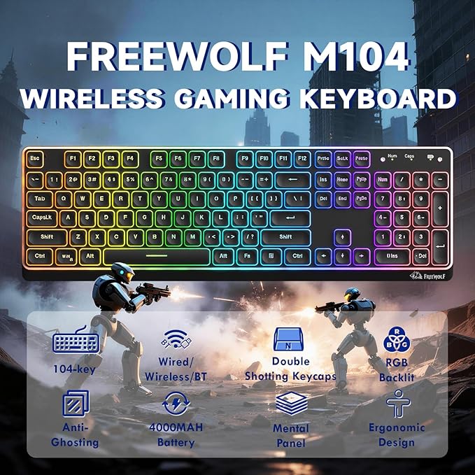 M104 Wireless Gaming Keyboard with Metal Panel Wired/Bluetooth Mechanical Feel Membrane Full Size Keyboard with Numeric Keypad RGB 4000MAH Rechargeable Quiet for PC Gamer-Black