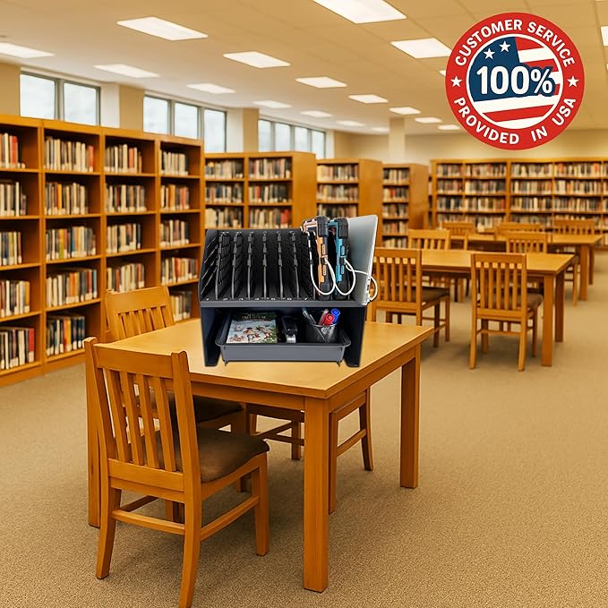 Laptop Charging Station for Classroom, Office, or Home, 10-Device Organizer with 6 AC Outlets & 4 Fast-Charging USB Ports, Fits Laptops, Tablets & E-Readers up to 1.3" Thick, 15.6"