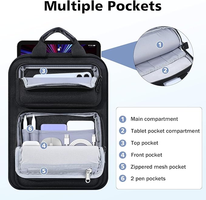 MoKo 10-13 inch Tablet Sleeve Bag for iPad Pro/Air M4 13inch, Pro 12.9/11 inch, 10.9" iPad 10th/Air 5/4th, Galaxy Tab S8+/S9+ 12.4, Carrying Case with Multi-Pockets & Removable Shoulder Strap, Black